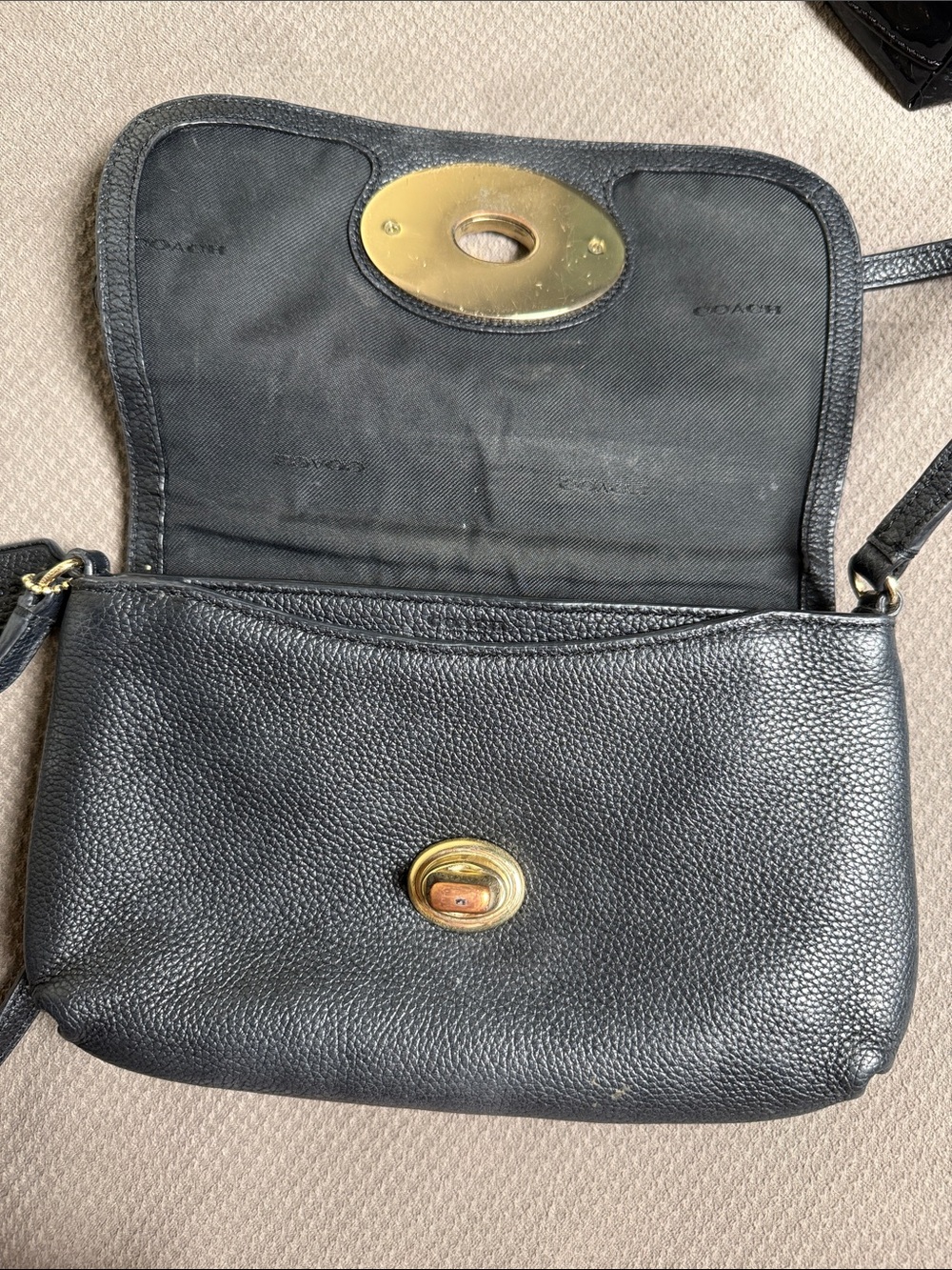Coach Black Pebbled Leather Crossbody with Gold Turnlock Oval Plate - Picture 5 of 9